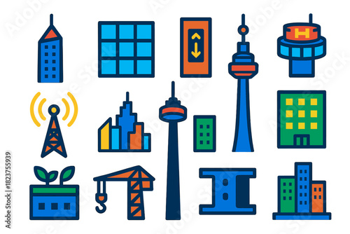 Modern Skyscraper Icons. Flat vector icons of skyscrapers: modern tower, glass facade, elevator shaft, rooftop helipad, antenna,