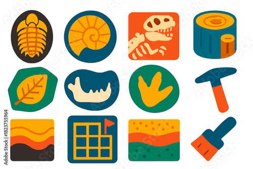 Fossil Icon Collection. Flat vector icons of fossil discoveries: trilobite, ammonite, dinosaur skeleton, petrified wood,