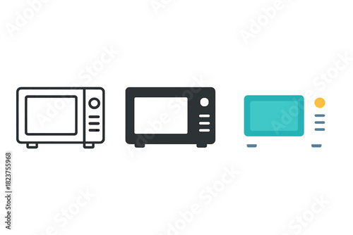 Minimalist Microwave Icons. Minimalist microwave kitchen icon: three identical microwaves with rectangular doors in a row, first