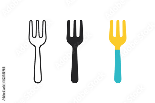 Minimalist Fork Icons. Minimalist fork kitchen icon: three identical forks with four prongs in a row, first in line style with