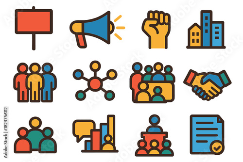 Sociology Icons Set. Flat vector icons of sociology: protest sign, megaphone, raised fist, community group, social network, city