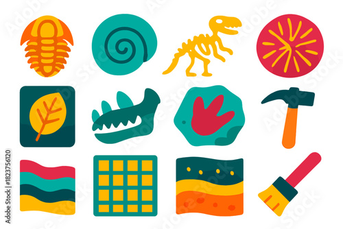 Fossil Icon Collection. Flat vector icons of fossil discoveries: trilobite, ammonite, dinosaur skeleton, petrified wood,