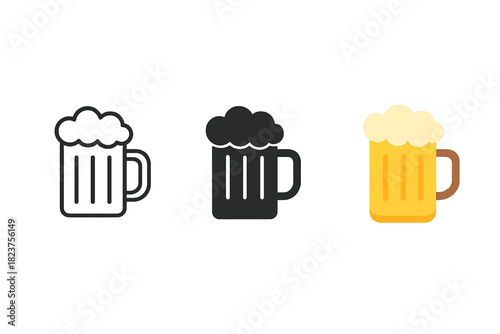 Minimalist Beer Mugs. Minimalist beer mug icon: three identical beer mugs with foam on top in a row, first in line style with thin