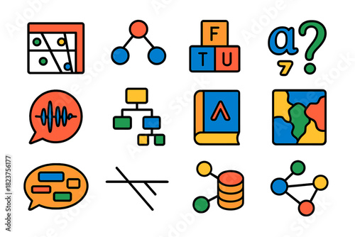 Linguistic Icons Set. Flat vector icons of linguistics: phoneme chart, syntax tree, morpheme blocks, IPA symbols, speech waveform,