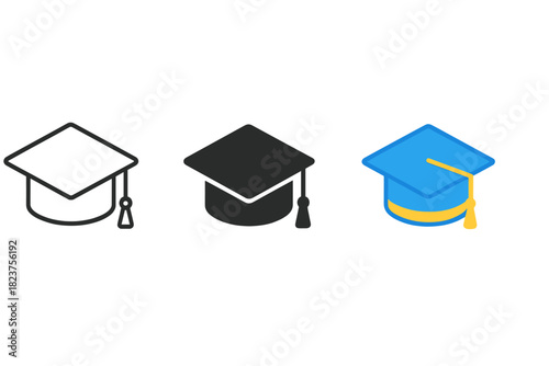 Graduation Cap Trio. Minimalist graduation cap icon: three identical academic caps with tassels in a row, first in line style with