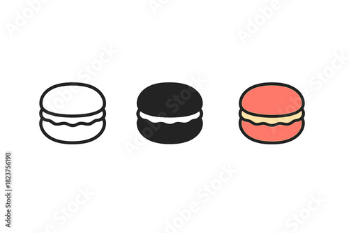 Minimalist Macaron Styles. Minimalist macaron icon: three identical round macarons with cream filling in a row, first in line