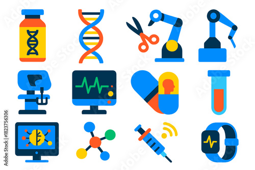 Medical Innovation Icons. Flat vector icons of medical innovations: gene therapy vial, DNA strand, CRISPR scissors, robotic