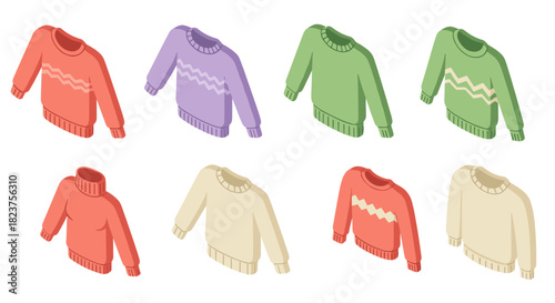Isometric colorful sweaters collection featuring various designs and styles