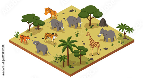Isometric safari scene with elephants, giraffes, and tigers in a savanna setting