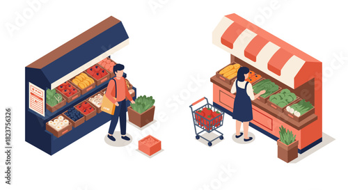 Isometric shopping scene with food stalls and customers in market setting