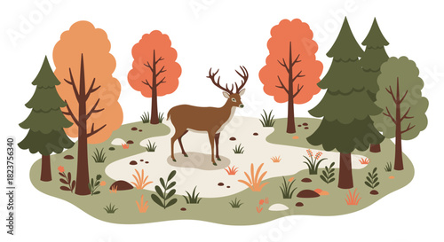 Autumn deer in forest landscape with colorful foliage and evergreen trees