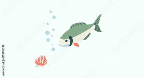Playful fish with coral and bubbles in minimalist underwater scene