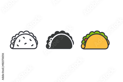 Minimalist Taco Icons. Minimalist taco fast food icon: three identical tacos with folded shells and filling in a row, first in