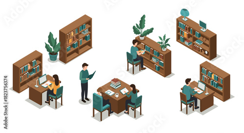 Isometric library scene with people reading and working at desks