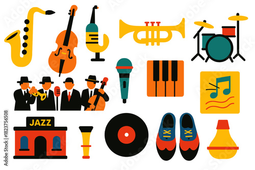 Jazz Evolution Icons. Flat vector icons of jazz evolution: saxophone, double bass, trumpet, drum set, jazz band, microphone, piano