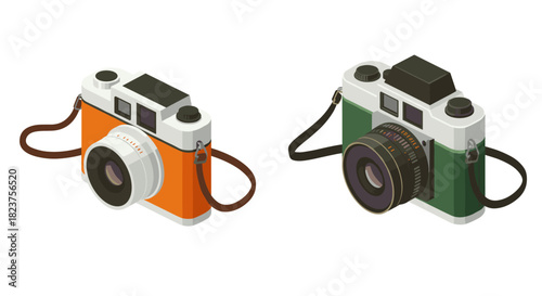 Vintage cameras in isometric style featuring orange and green designs