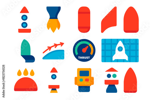 Modern Rocket Icons. Flat vector icons of rocket design: fuselage, engine nozzle, fuel tank, fin, payload bay, aerodynamics