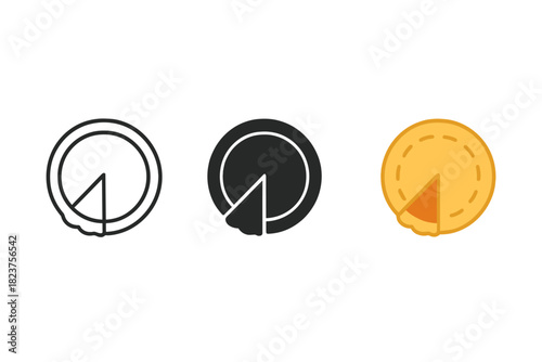 Minimalist Pie Icons. Minimalist pie dessert icon: three identical round pies with a slice cut out in a row, first in line style