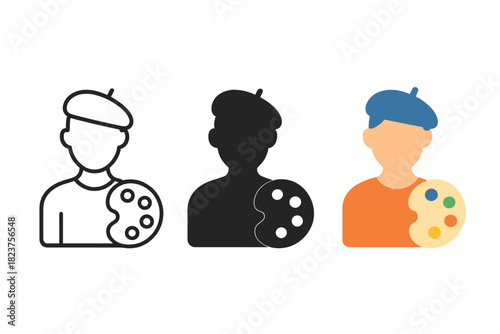 Minimalist Artist Trio. Minimalist artist profession icon: three identical artists holding palettes in a row, first in line style