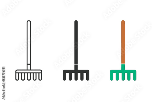 Minimalist Rake Icons. Minimalist rake garden icon: three identical rakes with long handles in a row, first in line style with