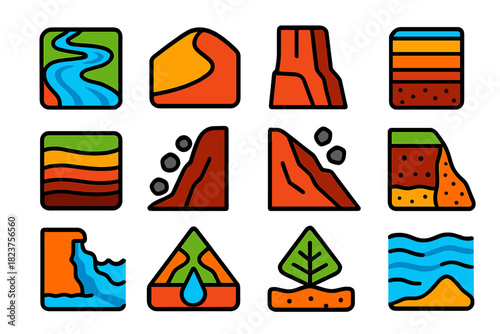 Erosion Icons Collection. Flat vector icons of erosion and sedimentation: riverbed, sand dune, cliff face, sediment layers,