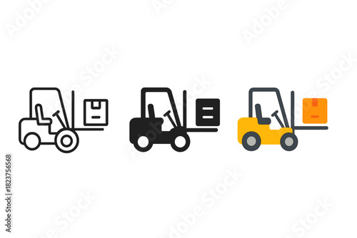 Diverse Forklift Icons. Minimalist forklift cargo icon: three identical forklifts with raised forks in a row, first in line style