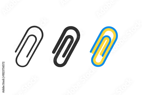 Paper Clip Icons. Minimalist paper clip office icon: three identical paper clips in a row, first in line style with thin outline,