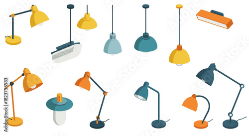 Colorful isometric lamps with modern pendant and desk light designs