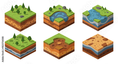Isometric terrain blocks with vegetation and water features for geology concepts