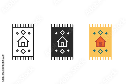 Minimalist Carpet Designs. Minimalist carpet home icon: three identical rectangular carpets with simple patterns in a row, first