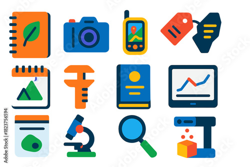 Research Tools Icons. Flat vector icons of research and documentation: field notebook, camera, GPS device, artifact labeling,