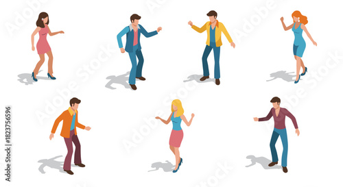 Isometric people dancing in stylish outfits on white background