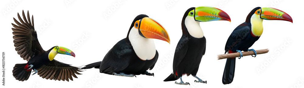 Obraz premium A group of four toucans in different poses against a plain backdrop with wings and colorful beaks on transparent background