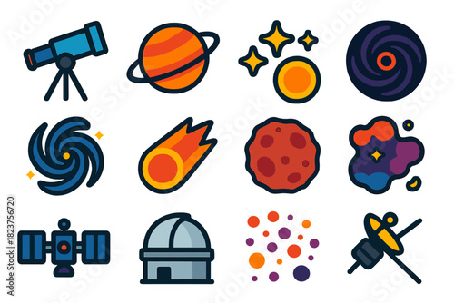 Astronomy Icon Set. Flat vector icons of astronomy: telescope, planet, star cluster, black hole, galaxy spiral, comet, asteroid,