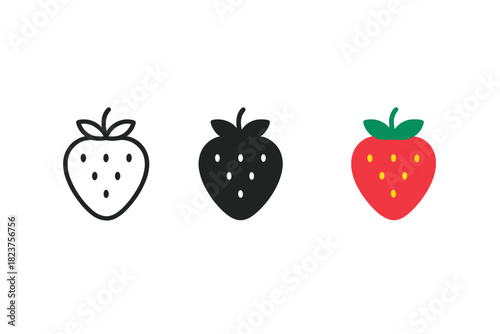 Stylized Strawberry Trio. Minimalist strawberry fruit icon: three identical strawberries with small seeds and leaves on top in a