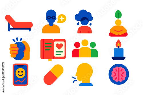 Mental Health Icons. Flat vector icons of mental health: therapy couch, psychiatrist figure, anxiety cloud, mindfulness icon,