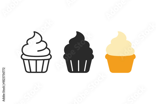 Cupcake Trio Styles. Minimalist cupcake icon: three identical cupcakes with cream topping in a row, first in line style with thin