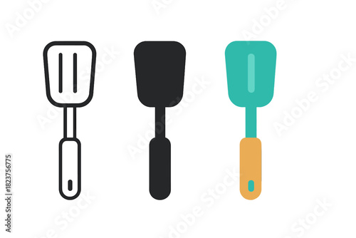 Minimalist Spatula Icons. Minimalist spatula cooking icon: three identical flat spatulas with handles in a row, first in line