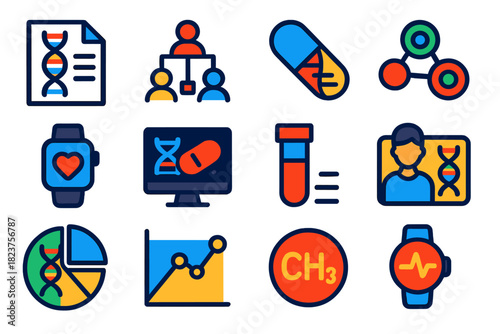 Genetic Insights Icons. Flat vector icons of personalized genetics: genome report, ancestry chart, personalized medicine pill,
