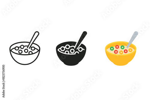 Minimalist Cereal Icons. Minimalist cereal breakfast icon: three identical bowls of cereal with a spoon inside in a row, first in