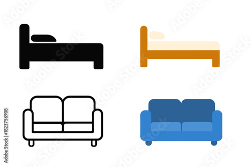 Minimalist Sofa and Bed Icons. silhouette, black solid shape, Flat bed icon: brown bed with white pillow, flat bright style, no