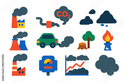 Carbon Emission Icons. Flat vector icons of carbon emissions: factory smokestack, exhaust pipe, CO2 molecule, coal pile, power