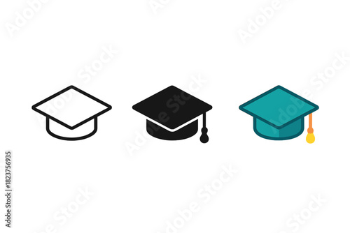 Graduation Cap Trio. Minimalist graduation cap icon: three identical academic caps with tassels in a row, first in line style with