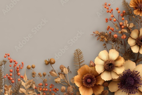 Rustic Autumnal Border of Crafted Wooden Flowers, Berries, and Dried Foliage on Gray.