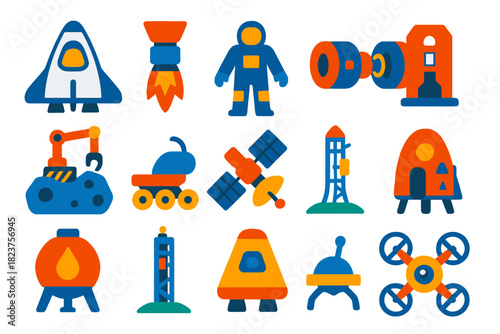 Interplanetary Travel Icons. Flat vector icons of interplanetary travel: crewed spacecraft, propulsion system, space suit, docking