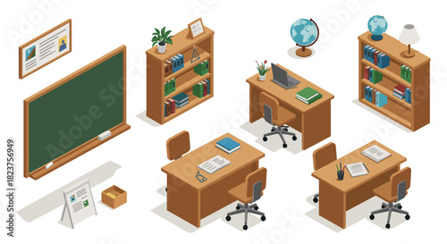 Modern isometric classroom interior with desks, chalkboard, and bookshelves