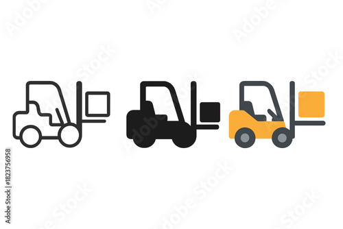 Diverse Forklift Icons. Minimalist forklift cargo icon: three identical forklifts with raised forks in a row, first in line style