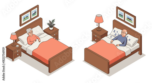 Elderly couple sleeping in cozy bedroom with warm lighting in isometric style