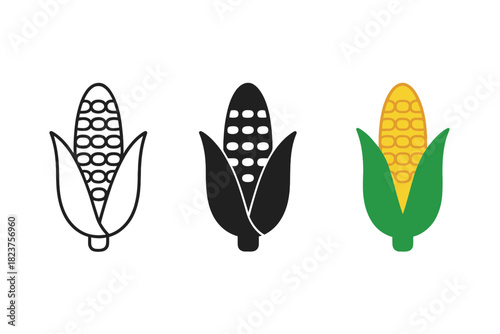 Minimalist Corn Icons. Minimalist corn vegetable icon: three identical corn cobs with husks partly open in a row, first in line