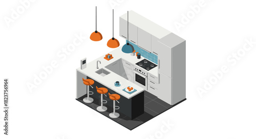 Modern isometric kitchen design with minimalist decor and vibrant accents